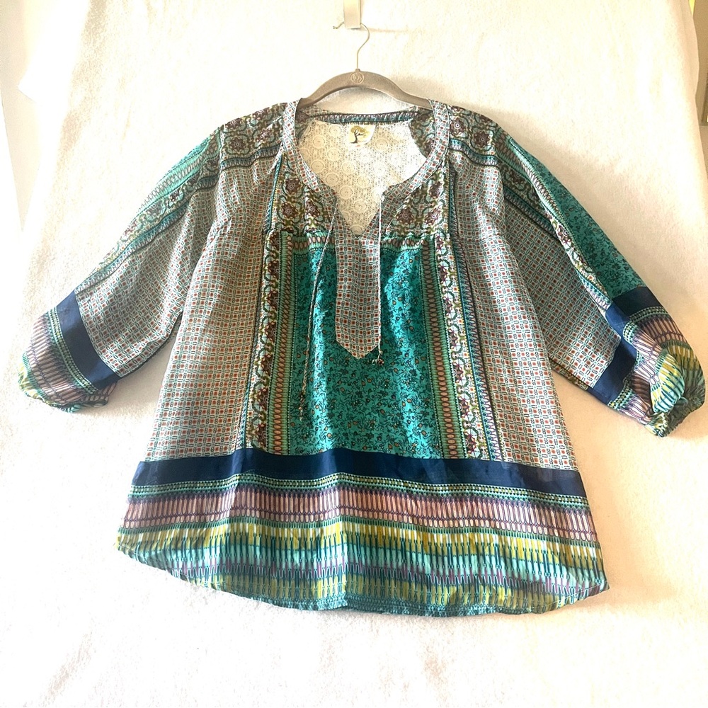 Fig and Flower Multicolor Bohemian Peasant Women's Tunic Top Size M